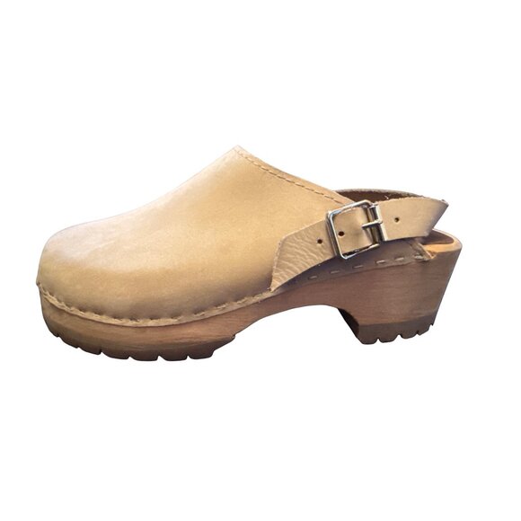 Mia Clogs Beige Leather Womens Adjustable Strap & Wooden Sole 6.5 - Picture 2 of 5